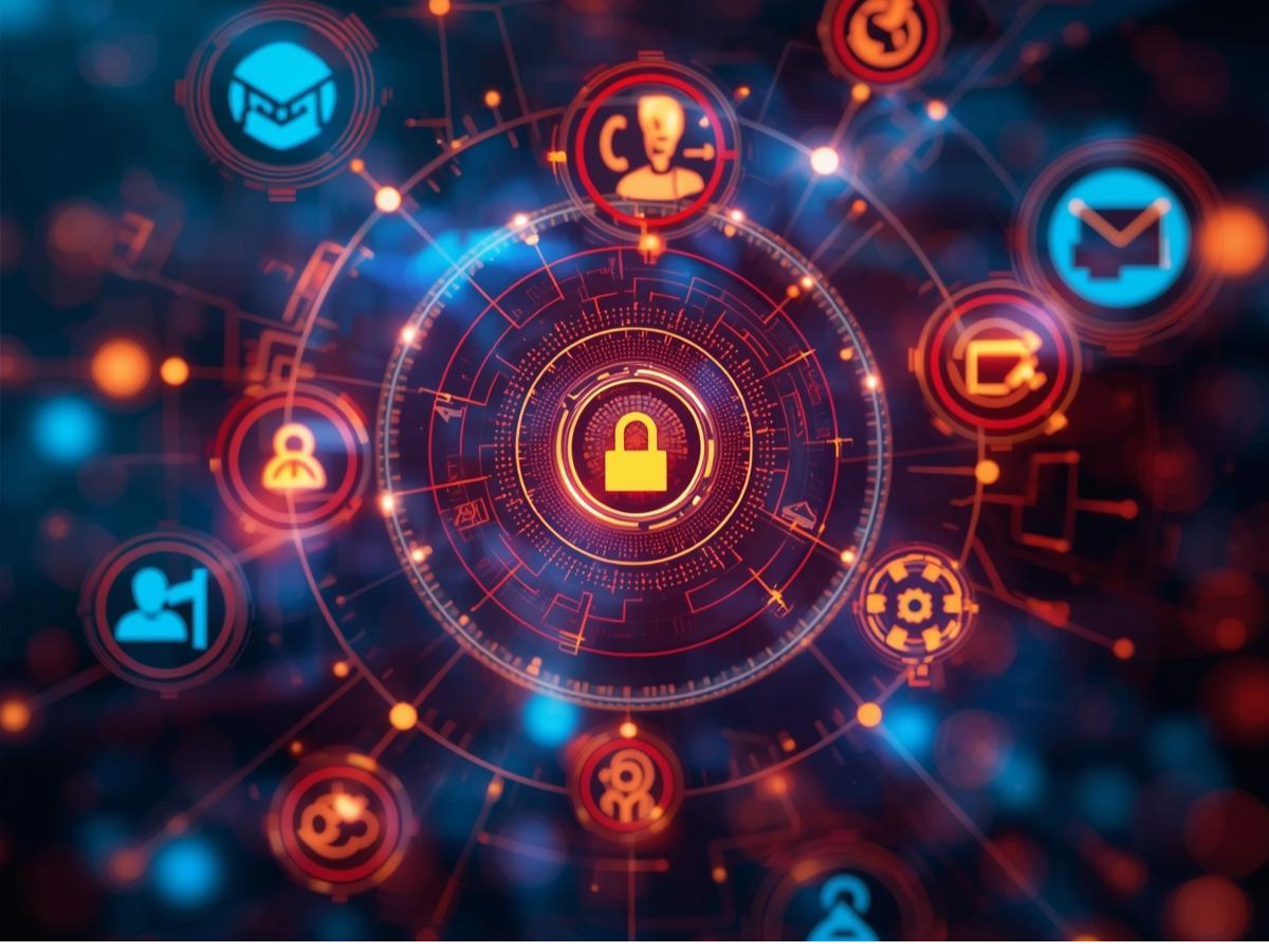 Digital security and connectivity icons.